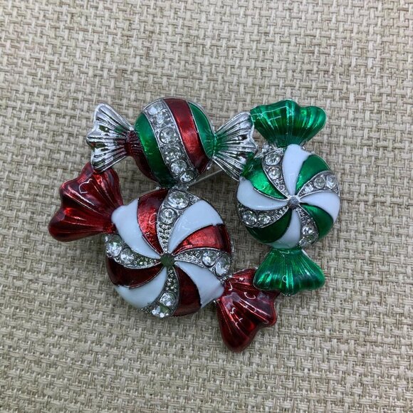Christmas Peppermint Candy Swirl Enamel Rhinestone Brooch Pin - Picture 1 of 6